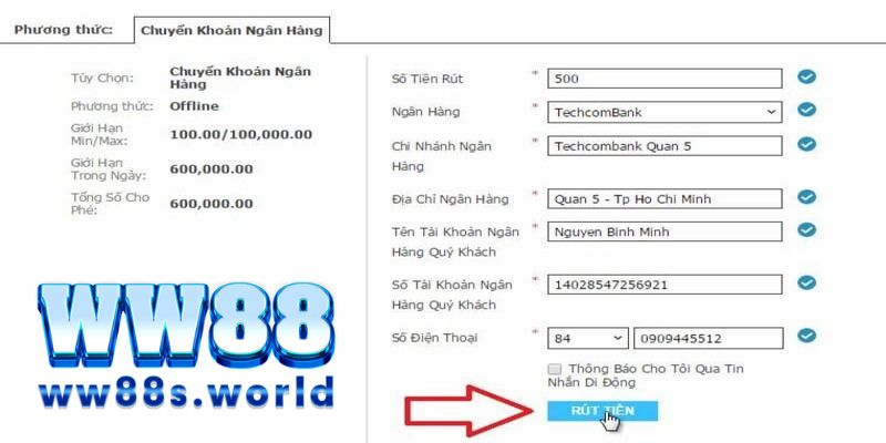 Rút tiền WW88 bằng cách chuyển khoản ngân hàng